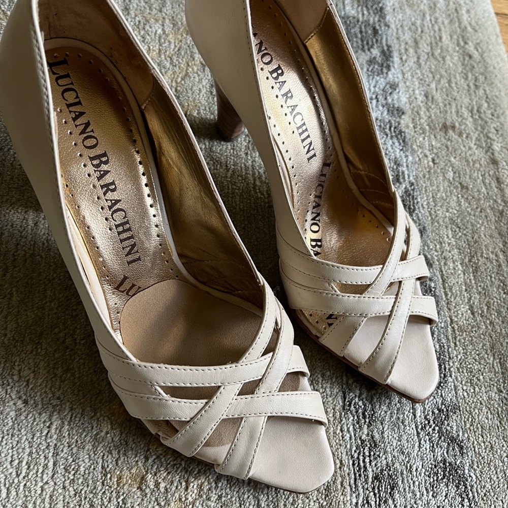 Cream Peep-Toe Heels with Braided Straps